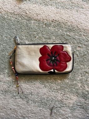 Brighton Cream Leather Wristlet with Red Flower Appliqué
